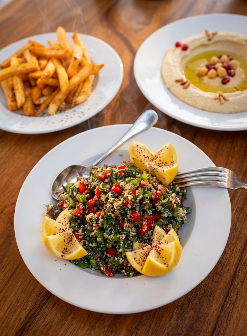 Mediterranean catering food spread with assorted dishes