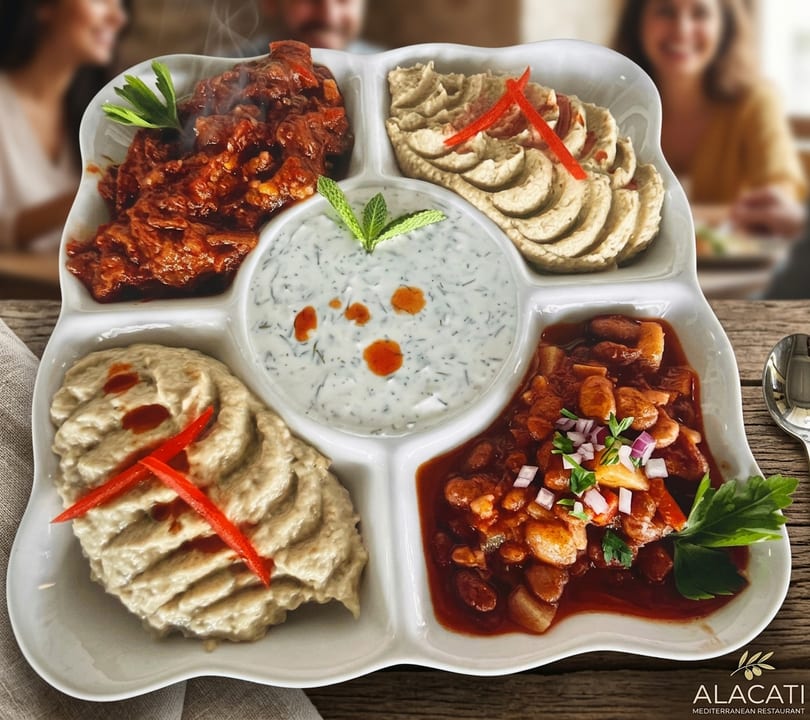 Mediterranean appetizer platter with fresh dips and vegetables